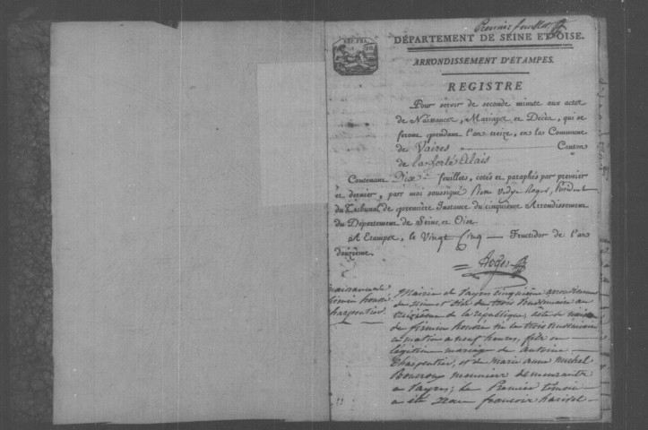 VAYRES-SUR-ESSONNE. Naissances, mariages, décès : registre d'état civil (an XIII-1826). 