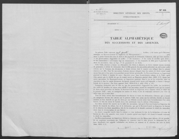 PALAISEAU - Bureau de l'enregistrement. - Table des successions (1961). 