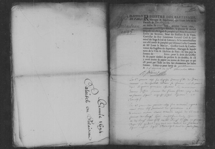 PALAISEAU. Paroisse Saint-Martin : Baptêmes, mariages, sépultures : registre paroissial (1695-1714). 