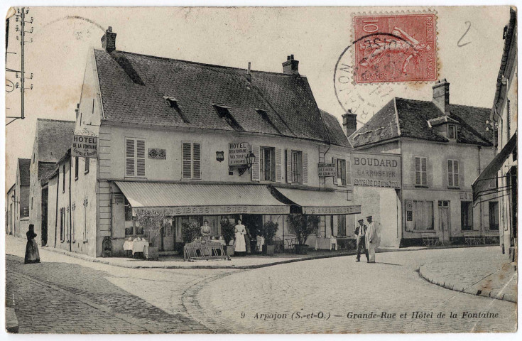 ARPAJON. - Grande rue et hôtel de la Fontaine, 1906, 6 lignes, 10 c, ad. 