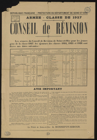 Seine-et-Oise [Département]. - Conseil de révision - Armée - classe 1927, mars 1927. 
