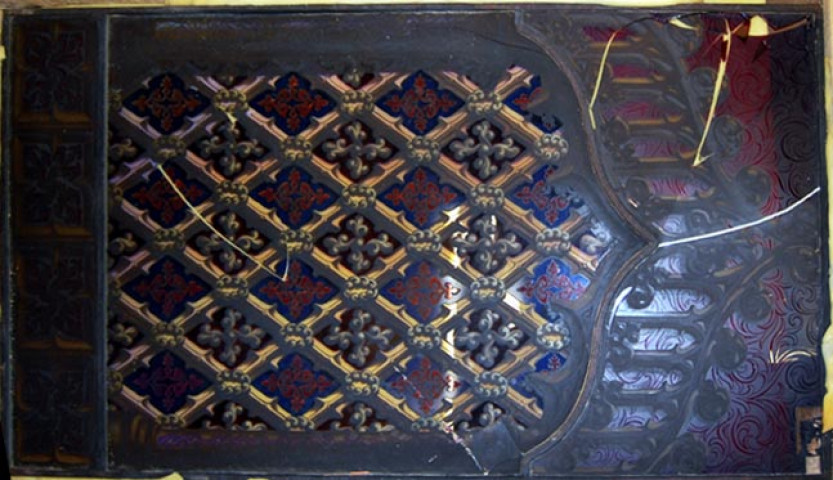 verrière : reproduction d'un vitrail du XVe siècle, panneau gothique dans un châssis