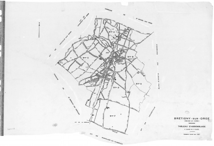 BRETIGNY-SUR-ORGE .- Cadastre révisé pour 1957 : plan du tableau d'assemblage, plans de la section A 1ère feuille, idem 2ème feuille, idem 3ème feuille, idem 4ème feuille, section AB, section AC, section AD, section AE, section AH, section AI, section AK, section AL, section AM, section C 1ère feuille, idem 2ème feuille, idem 3ème feuille, section D, section E, section F ; cadastre révisé pour 1957 mis à jour pour 1971 : plans de la section C 1ère feuille, idem 2ème feuille, idem 3ème feuille, section D ; cadastre révisé pour 1957 mis à jour pour 1972 : plans de la section AH, section AI, section AL, [27 plans]. 