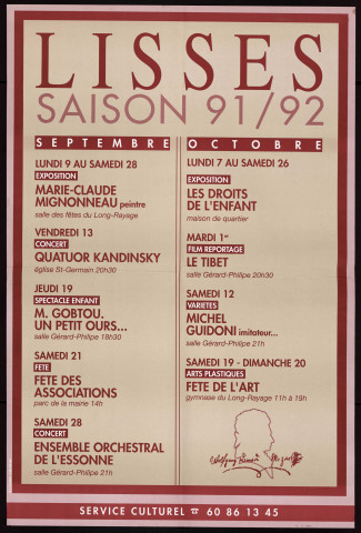 LISSES. - Service culturel de la mairie de Lisses : programme des activités, saison 1991-1992, septembre-octobre 1991. 