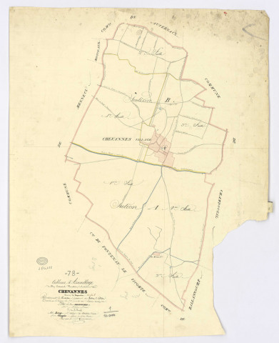 CHEVANNES. - Plan d'assemblage, ech. 1/10000, coul., aquarelle, papier, 65x51 (1823). 