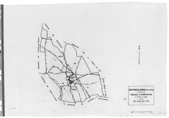 BOUTERVILLIERS .- Cadastre révisé pour 1933 : plan du tableau d'assemblage, plans de la section A les Gimbardières 1ère feuille, section B le Village 1ère feuille, idem 2ème feuille, idem 3ème feuille, [5 plans].