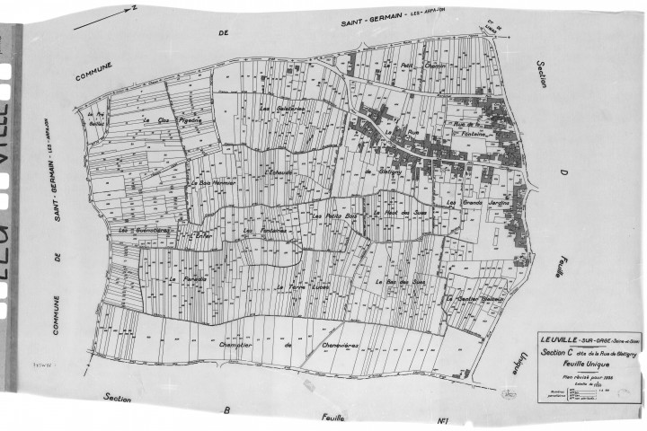 LEUVILLE-SUR-ORGE .- Cadastre révisé pour 1936 : plan du tableau d'assemblage, plans de la section A les Sauvages, section C la Rue Glatigny, section D le Parc ; cadastre révisé pour 1936 mis à jour pour 1968 : plan de la section A les Sauvages ; cadastre révisé pour 1936 mis à jour pour 1971 : plan de la section C la Rue de Glatigny, [6 plans]. 