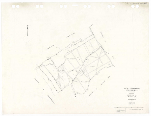 SAINT-GERMAIN-LES-CORBEIL, plans minutes de conservation : tableau d'assemblage,1938, Ech. 1/5000 ; plans des sections A2, B1, 1938, Ech. 1/2500, section B2, 1938, Ech. 1/1250, sections AB, AC, AD, AE, 1978, Ech. 1/1000, section ZA, 1988, Ech. 1/2000, section AA, 1991, Ech. 1/1000, AH, AI, AK, AL, AM, 1994, Ech. 1/1000, section AN, 1994, Ech. 1/2000. Polyester. N et B. Dim. 105 x 80 cm [16 plans]. 