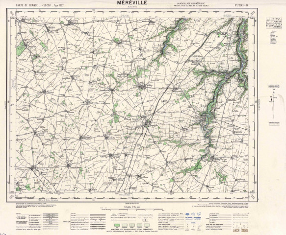 MEREVILLE. - Carte de France, dessiné et publié par l'Institut géographique national en 1955 d'après des levés stéréotopographiques aériens, complétés sur le terrain en 1951, révisé en 1956, mise à jour partielle en 1961, feuille XXII-17, 1951-1961. Ech. 1/50 000. Papier. Coul. Dim. 55 x 73 cm. [1 plan]. 