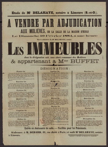 MOLIERES [LES]. - Vente par adjudication de terres labourables, prés, bois et friches appartenant à Mme BUFFET, 10 février 1884. 
