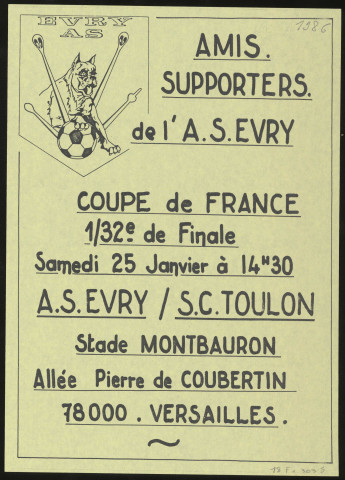 VERSAILLES [Yvelines]. - Coupe de France de Football. 1/32ème de finale : l'A.S. Evry contre le S.C. Toulon, Stade Montbaudron, 25 janvier 1986. 
