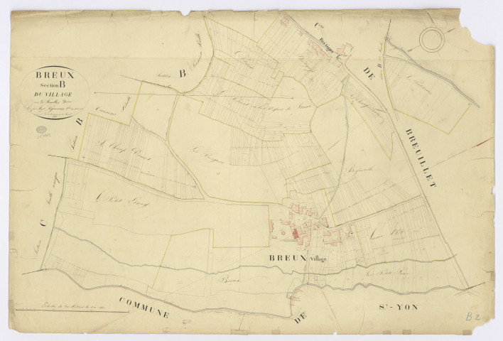 BREUX-JOUY. - Section B - Village (le), 2ème feuille, ech. 1/1250, coul., aquarelle, papier, 70x103 (1826). 