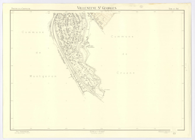 Plan topographique de VILLENEUVE-SAINT-GEORGES dressé en 1945 par M. DURAND, géomètre-expert, rénové par R. JOURDHEUIL, géomètre-expert, feuille 5, Ministère de la Construction, 1962. Ech. 1/2.000. N et B. Dim. 0,76 x 1,06. 