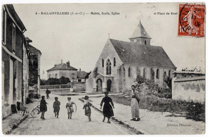 BALLAINVILLIERS. - Mairie, école, église, Peuvrier, 1909, 8 lignes, 10 c, ad. 