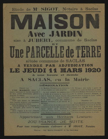 SACLAS. - Vente par adjudication d'une maison avec dépendances et jardin, et d'une parcelle de terre labourable appartenant aux héritiers LESEURRE, 11 mars 1920. 