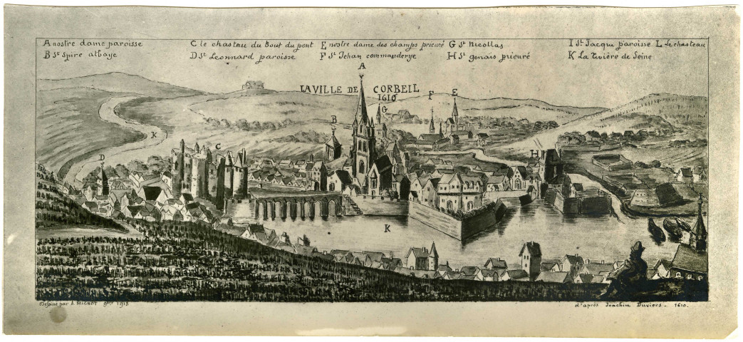 CORBEIL. - Tableau représentant CORBEIL en 1610, dessiné par A. MIGNOT, d'après Joachim DUVIERS, 1913, N et B. Dim. 8 x 17,5 (copie). 