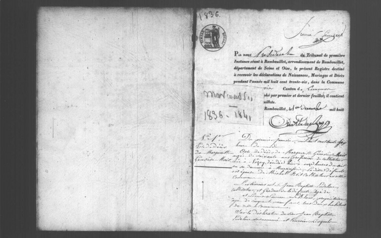 MARCOUSSIS. Naissances, mariages, décès : registre d'état civil (1836-1841). 
