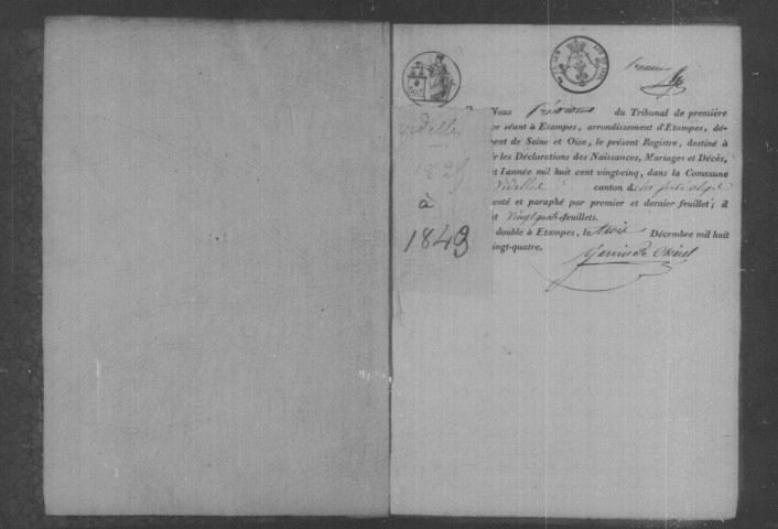 VIDELLES. Naissances, mariages, décès : registre d'état civil (1825-1843). [N.M.D. (1827) mai-décembre avant janvier]. 