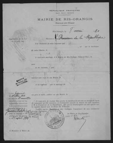 RIS-ORANGIS. - Naissances, mariages, décès : registre d'état civil.