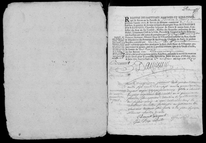 BRUYERES-LE-CHATEL. - Registre parossial : registre des baptêmes, mariages et sépultures (1717-1731). 