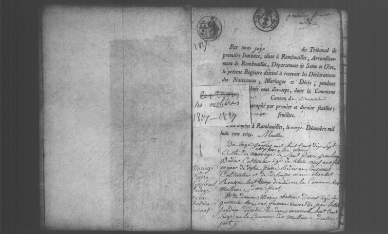 MOLIERES (LES). Naissances, mariages, décès : registre d'état civil (1817-1827). 