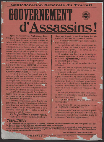 VIGNEUX-SUR-SEINE.- Gouvernement d'assassins, Confédération générale du Travail, 1908. 