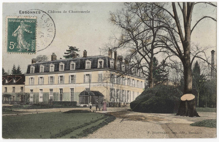 ESSONNES. - Château de Chantemerle [industrie textile], Beaugeard, 1907, 1 mot, 5 c, ad., coloriée. 