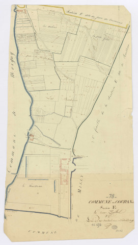 COURANCES. - Section E - Ruisseau (le), 2, ech. 1/1250, coul., aquarelle, papier, 90x50 (1813). 