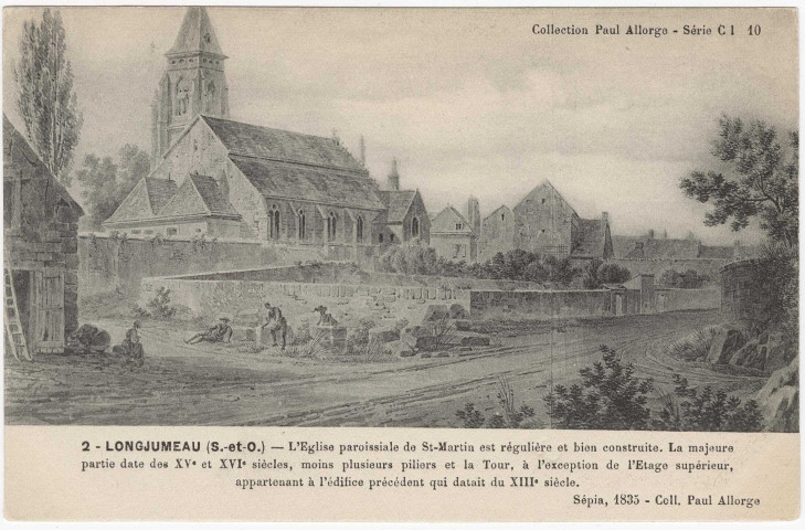 LONGJUMEAU. - L'église paroissiale de Saint-Martin (d'après dessin de 1835). Edition Seine-et-Oise artistique et pittoresque, collection Paul Allorge, dessin. 