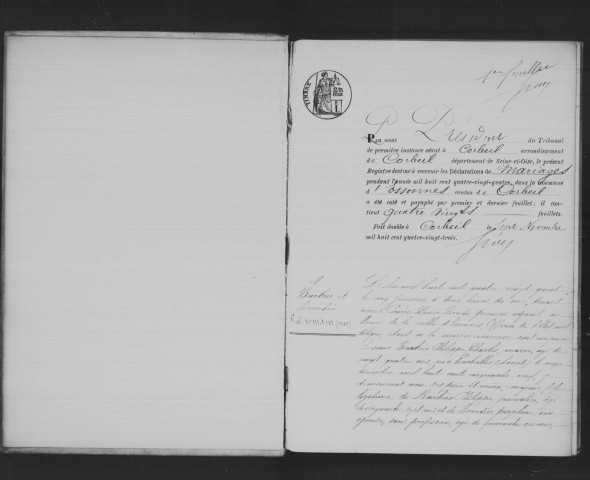 ESSONNES. Mariages : registre d'état civil (1884). 