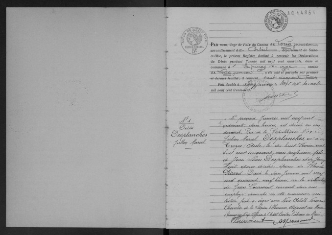 EPINAY-SUR-ORGE.- Décès : registre d'état civil. 