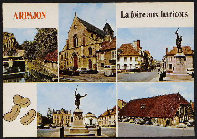 Arpajon.- L'église, la mairie, le monument aux morts, la halle et l'Orge [1960-1980]. 