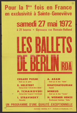 SAINTE-GENEVIEVE-DES-BOIS.- Les Ballets de Berlin, Gymnase rue Romain-Rolland, 27 mai 1972. 