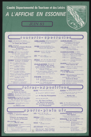 EVRY.- A l'affiche en Essonne : programme culturel, Comité départemental du tourisme et des loisirs, juin 1983. 