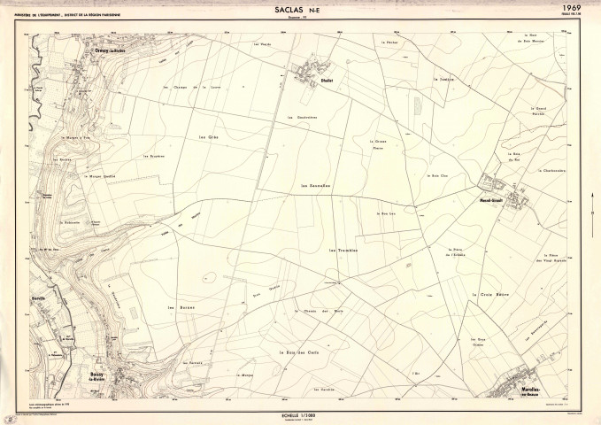 SACLAS. - Ministère de l'équipement, district de la région parisienne, feuilles VIII-7-NO, VIII-7-NE, VIII-7-SO et VIII-7-SE, levés stéréotopographiques aériens, non complétés sur le terrain, dressé et dessiné par l'Institut géographique national, 1969-1970. Ech. 1/5 000. Papier. N et B. Dim. 76 x 108 cm. [4 plans]. 
