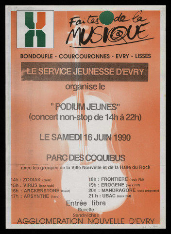 EVRY. - Faîtes de la musique : Podium jeunes - concert non-stop, Parc des Coquibus, 16 juin 1990. 