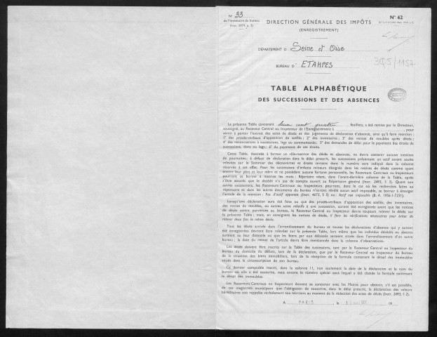 ETAMPES, bureau de l'enregistrement. - Table alphabétiques des successions et des absences, vol.33 (1/07/1965-30/09/1968). 