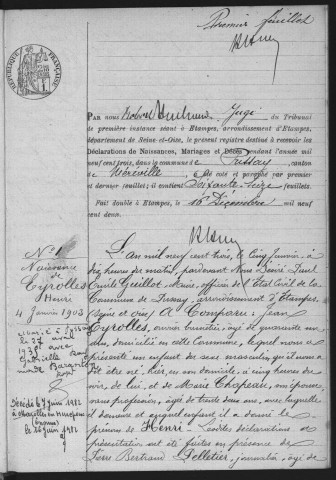 PUSSAY.- Naissances, mariages, décès : registre d'état civil (1903). 