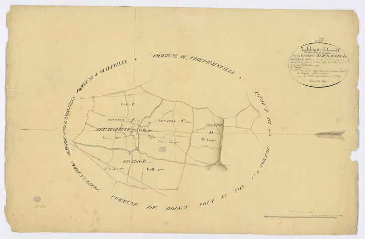 AVRAINVILLE. - Plan d'assemblage, ech. 1/10000, coul., aquarelle, papier, 67x103 (1820). 
