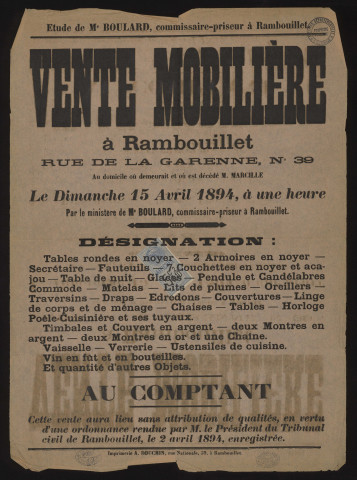 RAMBOUILLET (Yvelines).- Vente mobilière, au domicile de feu M. MARCILLE, rue de la Garenne, 15 avril 1894. 
