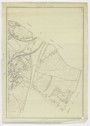 Plan topographique régulier de PALAISEAU dressé et dessiné par M. COLIN, géomètre, vérifié par M. BUNEAUX, ingénieur-géomètre, feuille 4, 1944. Ech. 1/2.000. N et B. Dim. 1,10 x 0,80. 