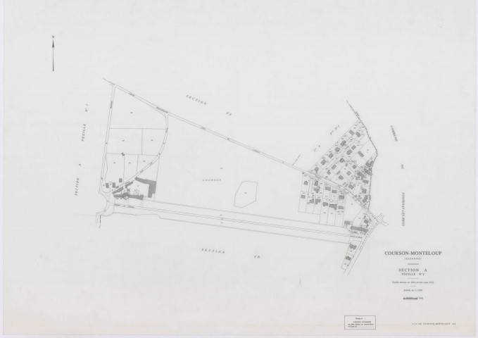 COURSON-MONTELOUP, plans minutes de conservation : tableau d'assemblage,1933, Ech. 1/10000 ; plans des sections A1, C, 1933, Ech. 1/2500, sections A1, C, 1933, Ech. 1/2500, sections ZA, ZB, ZC, ZD, ZE, 1993, Ech. 1/2000. Polyester. N et B. Dim. 105 x 80 cm [10 plans]. 