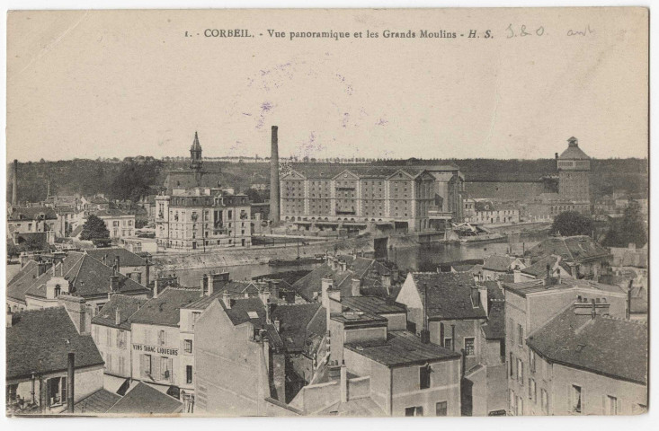 CORBEIL-ESSONNES. - Vue panoramique et les grands moulins, 1917, 11 lignes, divers cachets d'oblitération, ad. 