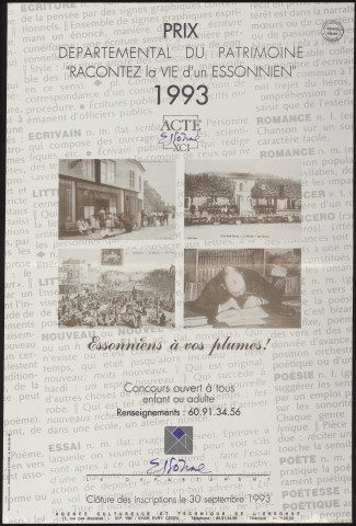 Essonne [Département]. - Prix départemental du patrimoine. Racontez la vie d'un essonnien en 1993. Essonniens à vos plumes ! (1993). 