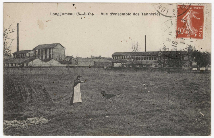 LONGJUMEAU. - Vue d'ensemble des tanneries. Edition Narcy, 1917, 1 timbre à 10 centimes. 