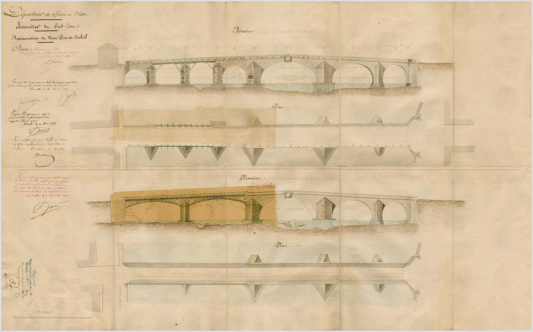 CORBEIL : plan général du pont, du quai, du chemin de halage et de la cale d'abordage, sign. Guibourg, 1829. Ech. 0,002 p.m..aquarellé, Dim. 0,94 m x 0,65 m ; plan et élévation d'une partie du quai, sign. Guibourg, 1829 . Ech. 0,005 p.m. ; aquarellé, Dim. 1,70 m x 0,65 m ; plan et élévation d'une autre partie du quai, sign. Guibourg, 1829. Ech. 0,005 p.m., aquarellé, Dim. 1,65 m x 0,65 m ; plans en élévations du pont, sign. Guibourg, 1829. Ech. 0,005 p.m., aquarellé, Dim. 1,05 m x 0,65 m ( beau plan) ; plan , coupe, élévation, sign. Guibourg, 1829. Ech. 0,01 p.m., aquarellé, Dim. 1,05 m x 0,65 m. (beau plan en mauvais état) ; plans, coupes et élévations des deux ponts en charpente sur la rivière Essonne, sign. Guibourg, 1829. Ech. 0,01 p.m. entoilé, aquarellé, Dim. 1,05 m x 0,65 m ; six plans des six piles du pont, sign. Sermet, 1832, Dim. 0,30 m x 0,45 m ; deux plans des culées rive gauche et rive droite, sign. Sermet, 1832, Dim. 0, 30 m x 0,45m ; entretoises droites et obliques, sign. Guibourg, 1839. Ech. 0,2 p.m., calque entoilé, Dim. 0,45 m x 0,55 m (en double) ; embases, sign. Guibourg, 1839. Ech. 0,2 p.m., calque entoilé, Dim. 0,45m x 0,68m (en double) ; liens des anneaux, sign. Guibourg, 1839. Ech. 0,2 p.m., calque entoilé, Dim. 0,56 m x 0,45 m (en double) ; coupe d'un arc de rive, sign. Guibourg, 1839, grandeur d'exécution, calque entoilé, Dim. 0,58 m x 0,39 m (en double) ; cales cunéiformes, sign. Guibourg, 1839. Ech. 0,2 p.m., calque entoilé, Dim. 0,32 m x 0,45 m.(en double) ; plan développé de la moitié d'une arche, sign. Guibourg, 1839. Ech. 0,05 p.m., calque, Dim. 0,70 m x 0,25 m ; devis et cahier des charges, 1839 ; analyse des prix, 1839 ; détail estimatif, 1839 ; avant-métré des travaux, 1839 ; procès-verbal d'adjudication du 25 février 1840 pour la restauration et construction d'un quai aux abords dudit pont ; approbation d'adjudication pour la restauration de deux arches et l'établissement d'un quai en aval rive gauche du 12 mars 1840 ; travaux supplémentaires à exécuter pour le rallongement du pont des moulins de la réserve de l'apport de Paris ; détail estimatif ; élévation d'une travée de garde corps du pont, sign. Guibourg, 1841. Ech. 0,1 p.m, Dim. 0,31 m x 0,23 m ; demande de crédits pour le treillage du garde de corps ; demande de remblais de la rue du Prêtre pour raccordement avec le nouveau quai ; reconstruction du grand pont et construction de quais aux abords de ce pont. Analyse des prix, 1839 ; détail estimatif des travaux, 1839. Les dépenses ; acquisition d'immeubles, dommages causés à diverses propriétés et cession de terrain, subvention accordée par la ville de CORBEIL ; indemnités accordées à l'entrepreneur ; modification au régime de la navigation pendant les travaux de reconstruction, 1840 ; déblaiement du port du Gendarme, du port du Boulanger et de la voute Duclos ; indemnisation aux habitants situés le long des quais pour dommages causés lors de comblement, 1840-1844 ; projet de construction de nouvelles voûtes en remplacement de l'ancien pont du Ruisseau de la Boucherie dans la traversée du chemin de halage et du quai de l'Instruction sur la rive gauche de la Seine ; rapport ; dessin ; devis ; avant-métré ; sous-détail des prix ; estimation de la dépense, 1852 ; reconstruction du tablier en charpente du pont de la Boucherie, 1857. 