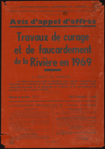 Essonne [Département]. - Avis d'appel d'offres pour le curage, le recalibrage sur 3200 ml et le faucardement de la rivière l'Yvette pour l'année 1969, 13 mai 1969. 