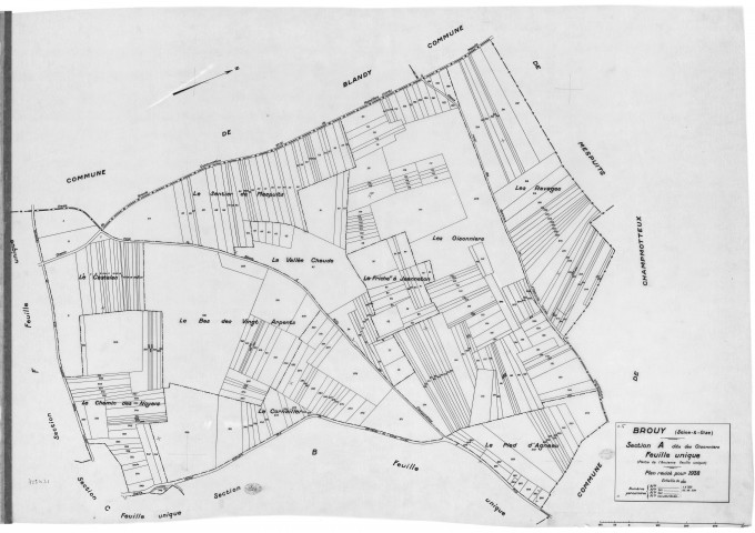 BROUY .- Cadastre révisé pour 1938 : plan du tableau d'assemblage, plans de la section A les Oisonnières, section B la Treille, section C la Meule, section D la Côte Rouge, section E les Fourneaux, section F la Justice ; cadastre révisé pour 1951 mis à jour pour 1964 : plan du tableau d'assemblage, plan de la section A, [9 plans ]. 