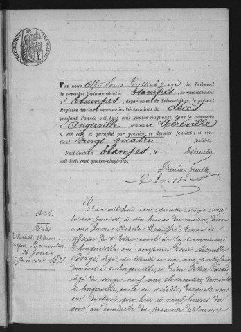 ANGERVILLE.- Décès : registre d'état civil (1891-1905). 