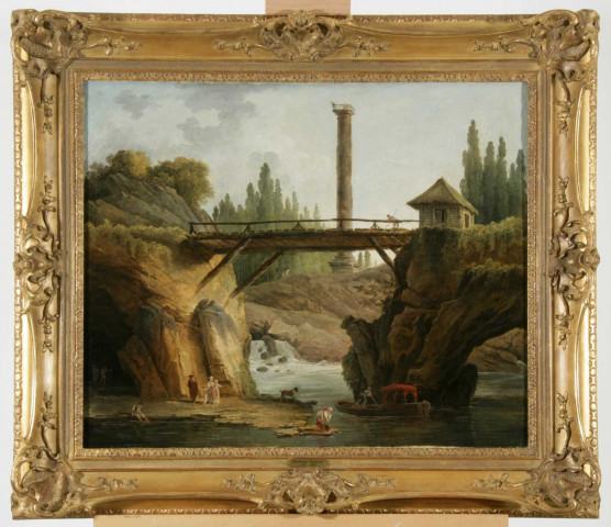 tableau avec cadre : vue du parc de Méréville et de la grande cascade derrière le pont rustique et le belvédère dominé par la colonne Trajane